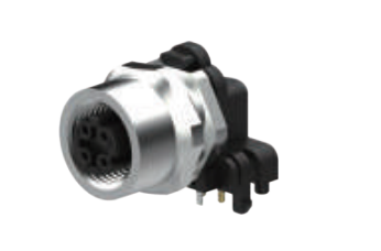 M 12口金-フランジコネクタ-後取付ホルダ付き-PCB板曲げピン溶接式-シールド型-4 PIN