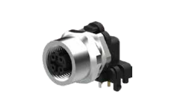 M 12-口金-フランジコネクタ-後取付チャック付き-PCB板曲げピン溶接式-シールド型-4 PIN